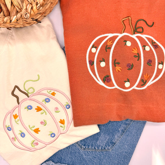 Embroidered Floral Pumpkin, Tee or Sweatshirt