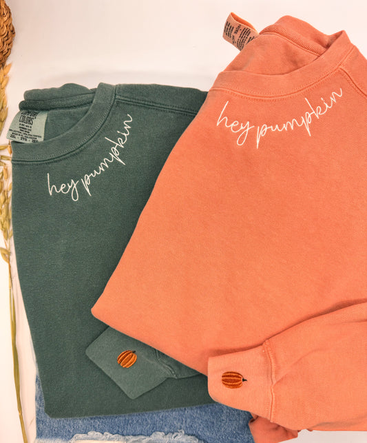 Embroidered Hey Pumpkin Collar with Pumpkin Sleeve, Tee or Sweatshirt