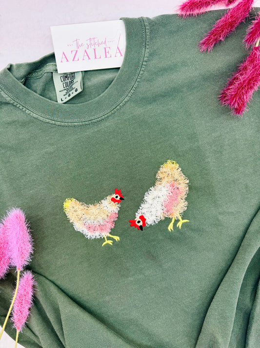 Embroidered Fringe Chickens, Tee or Sweatshirt